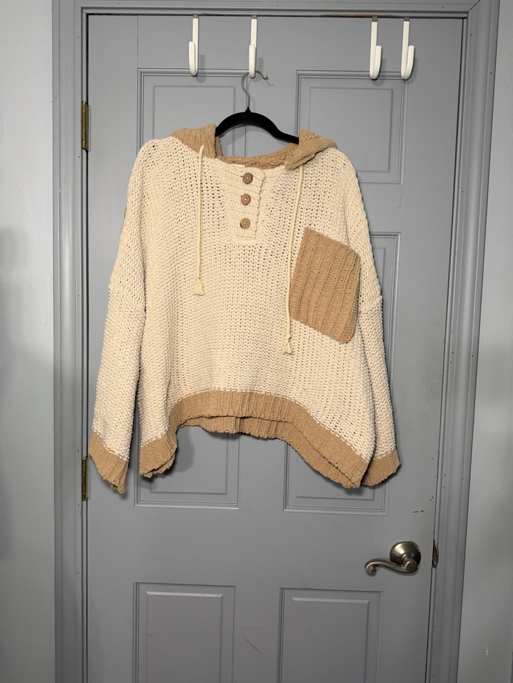 POL Cream Hoodie Pullover with Tan Contrast Details